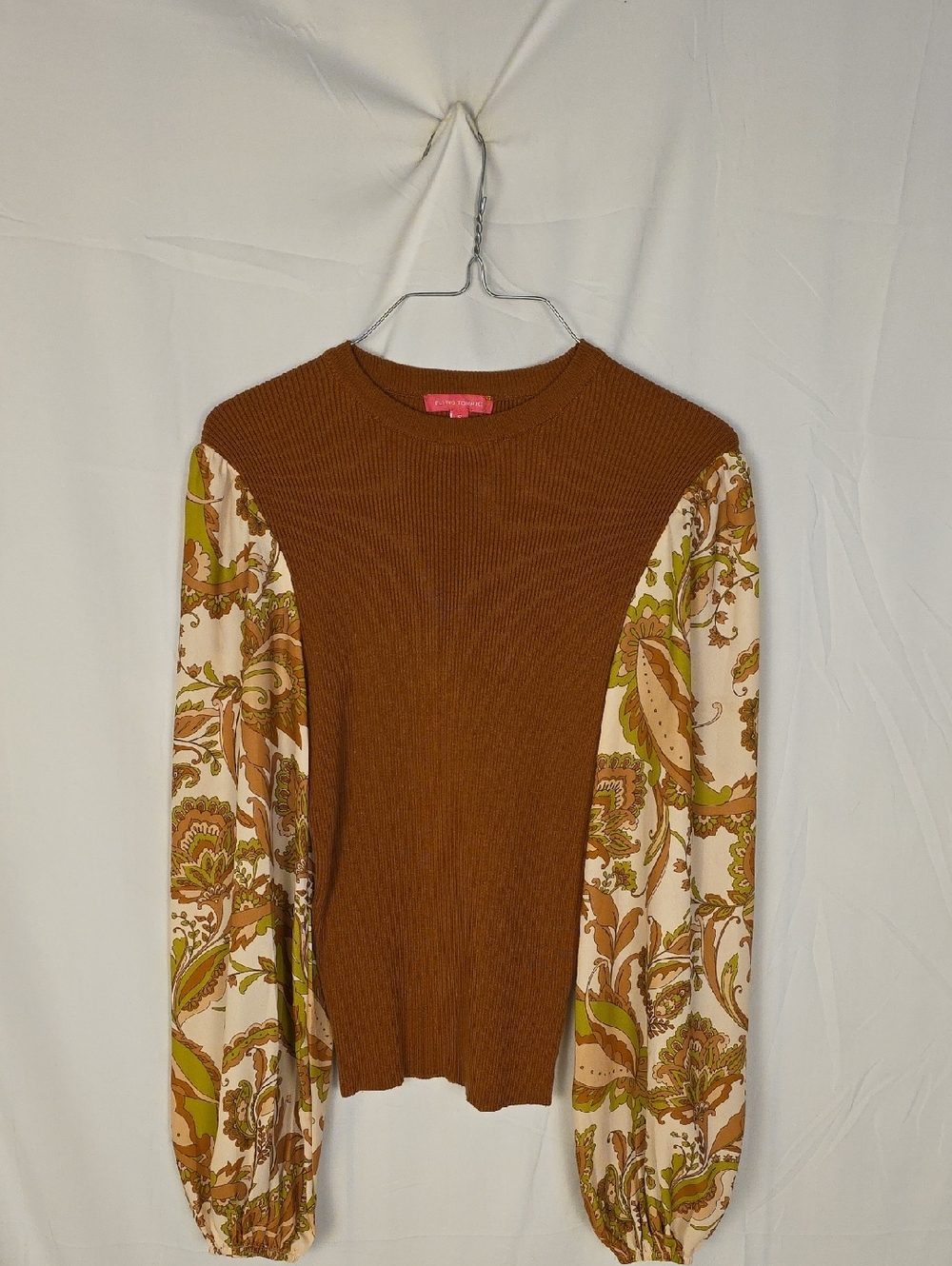 Flying Tomato Brown Ribbed Top with Paisley Print Balloon Sleeves